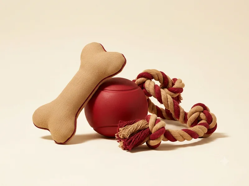 Pelota, hueso de peluche y cuerda